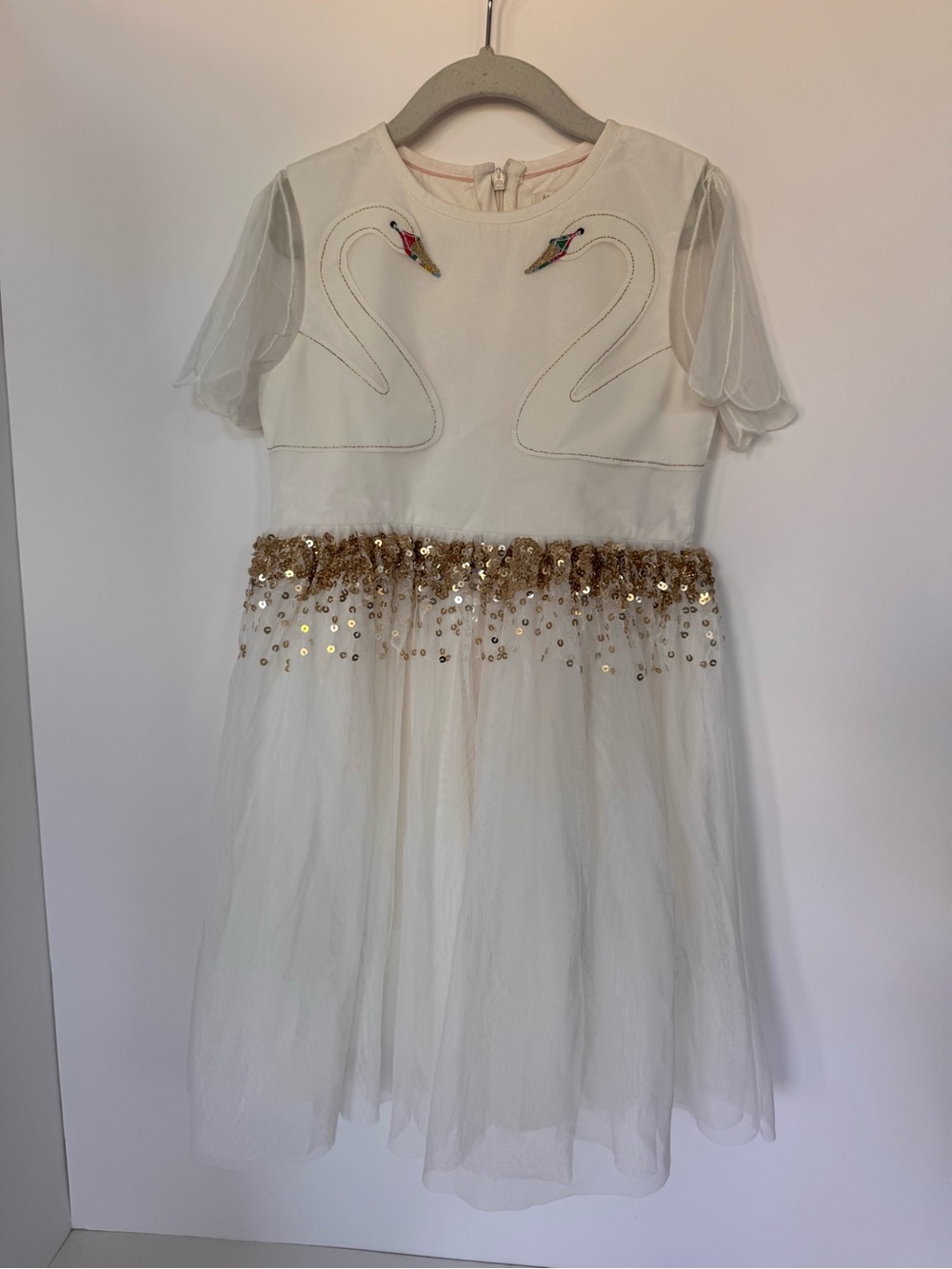Mini Boden White Tulle Swan Dress with Gold Sequin Waist